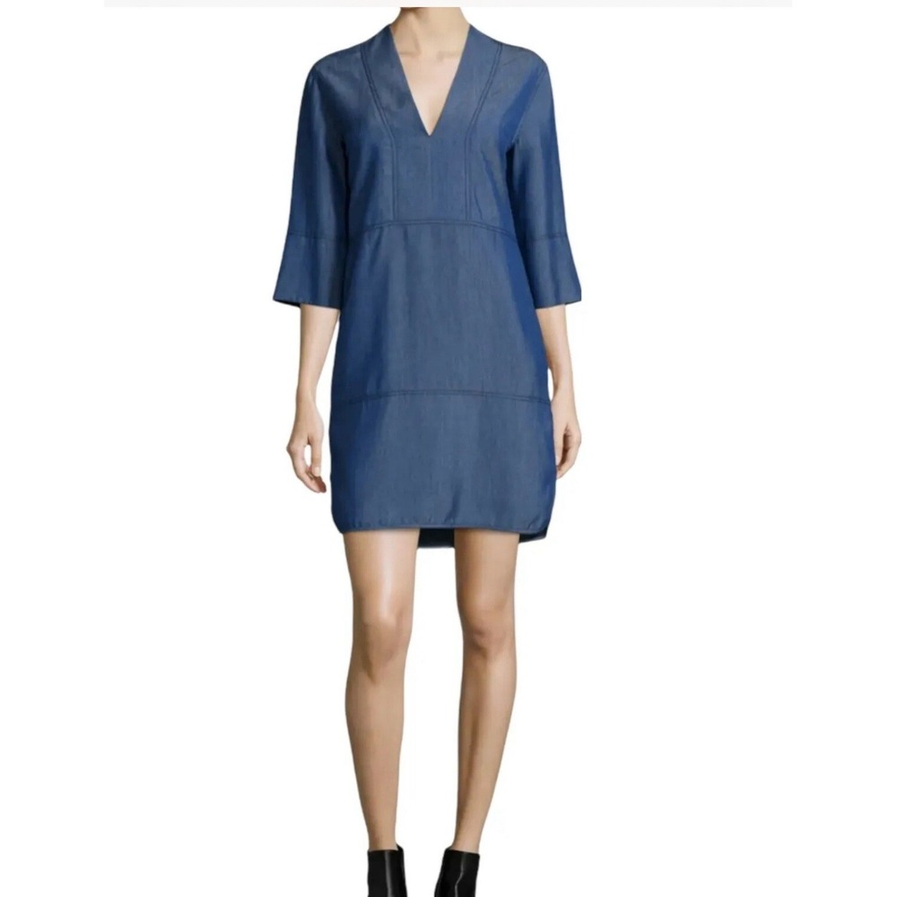 Vince Dress Sz S Blue Chambray V‎ Neck Shift Work Business Casual AK56